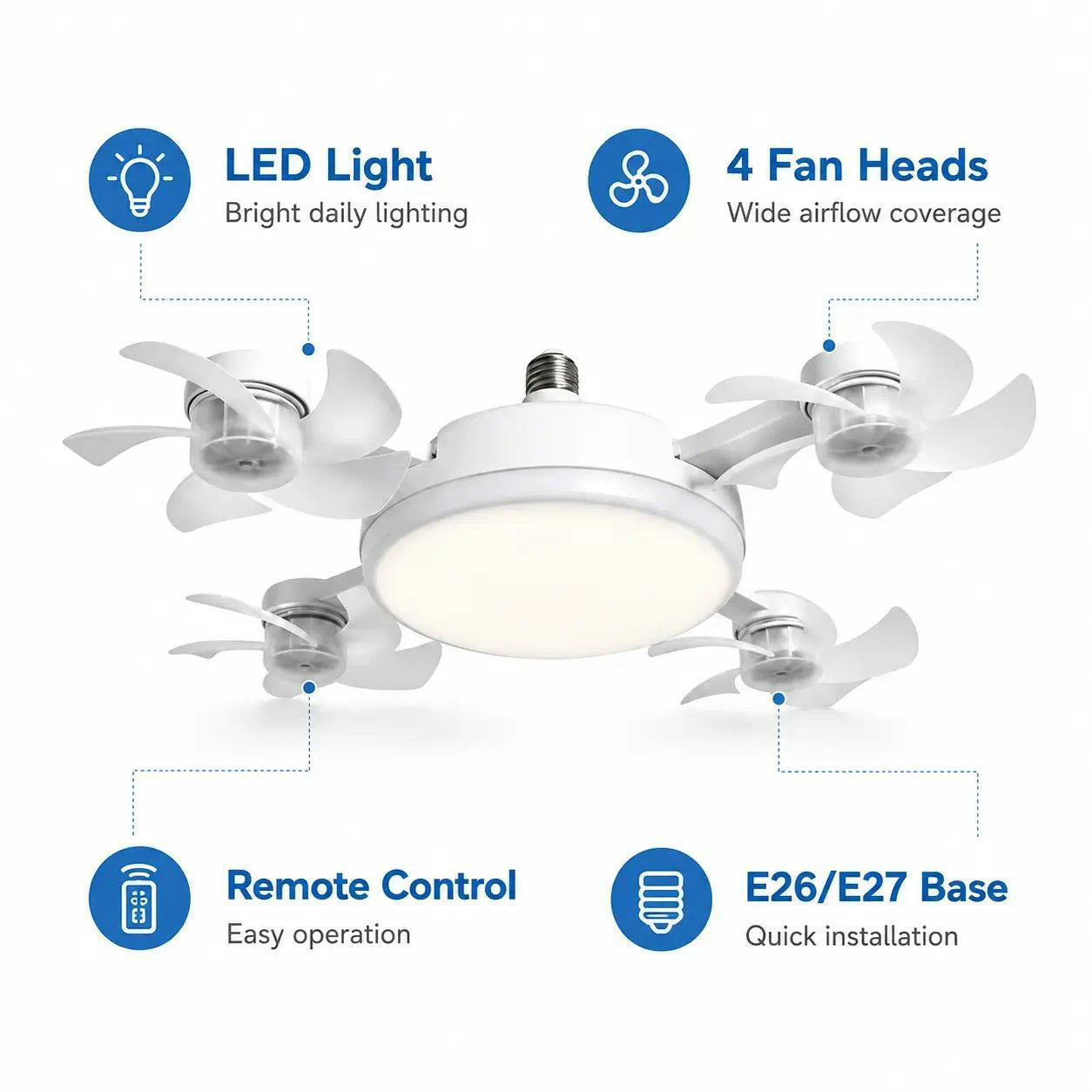 Smart 4-Head Foldable Ceiling Fan with 40W LED Light & Remote