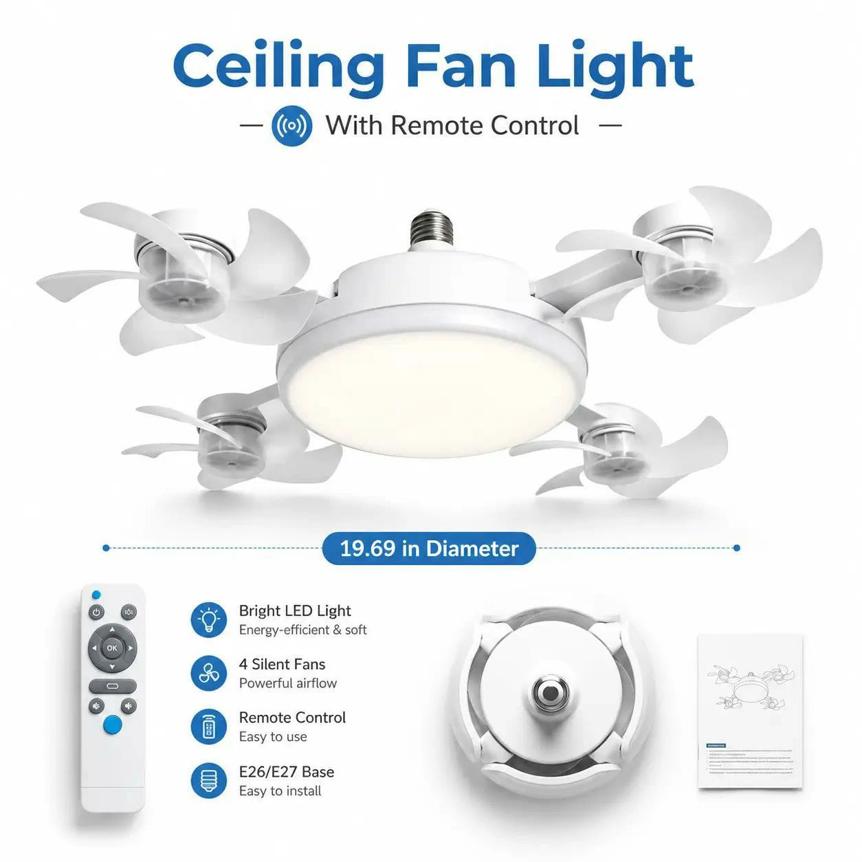 Smart 4-Head Foldable Ceiling Fan with 40W LED Light & Remote